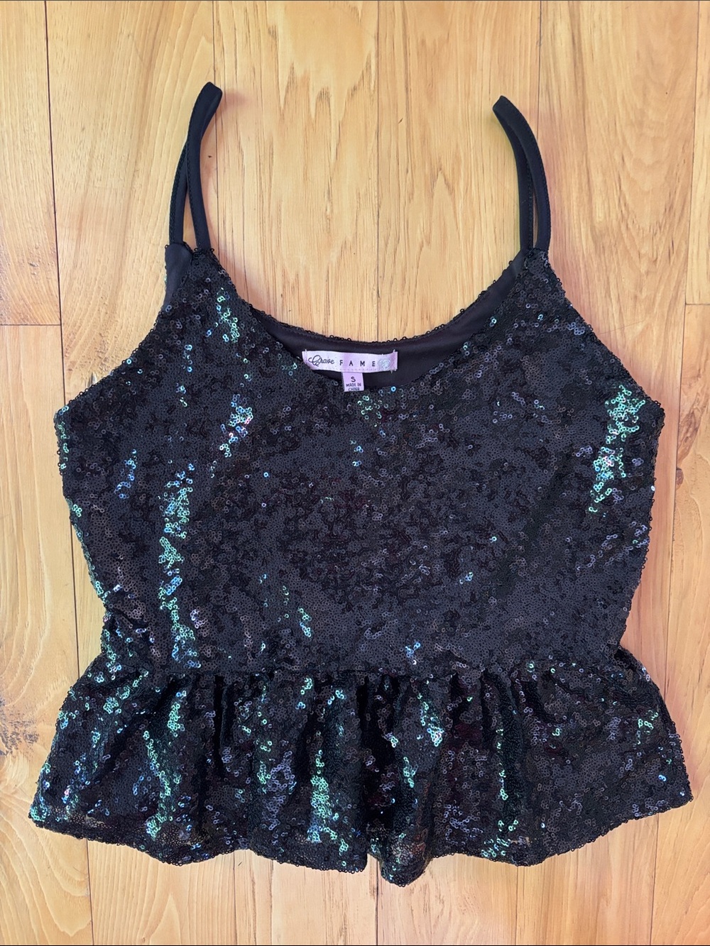 CRAVE FAME | Black Sequin Y2K Going Out Glam Style Peplum Party Top | Size S